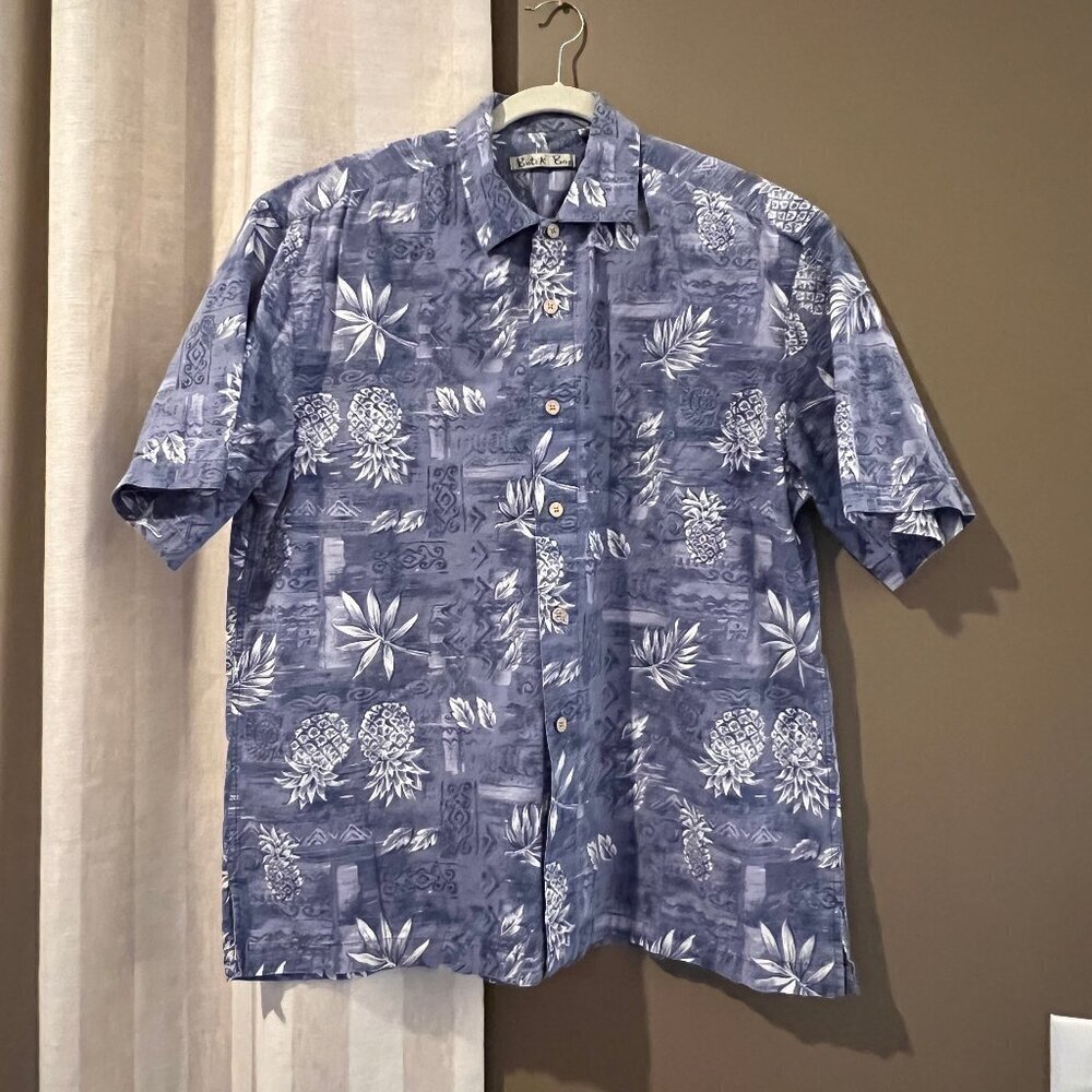 Men's Batik Bay Blue & White Hawaiian Aloha Short Sleeve Shirt, Size Large